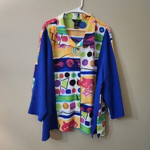 Ali Miles Multicolor Abstract Print Blouse with Royal Blue Panels Size 3w
